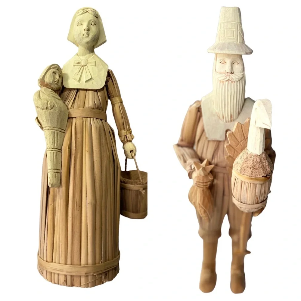 Vintage Cornhusk & Carved Wood 17” Male & 16” Female Pilgrim Figures - Picture 1 of 14